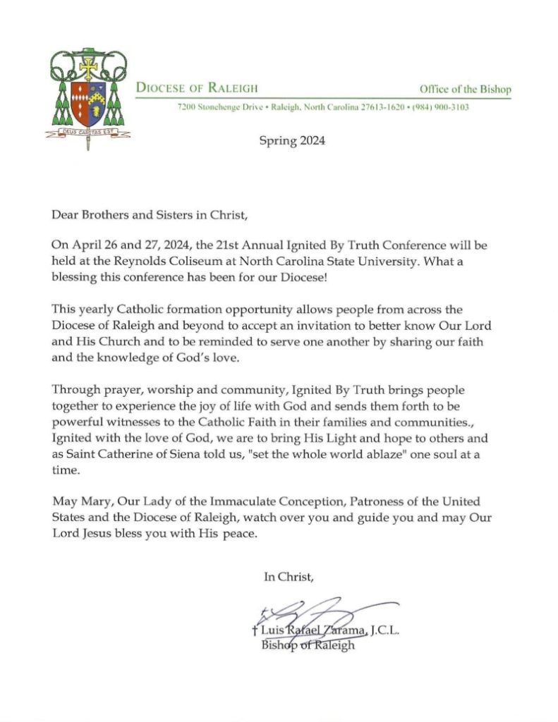 Ignited By Truth 2024 Letter from Bishop Zarama